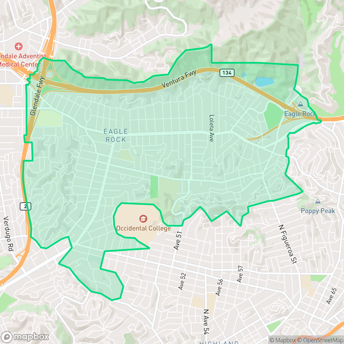 Map showing the location of Eagle Rock, Los Angeles, CA