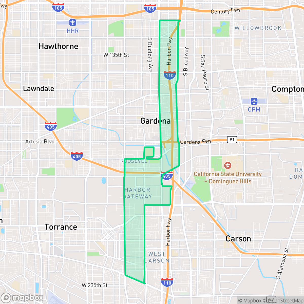 Map showing the location of Harbor Gateway, Los Angeles, CA