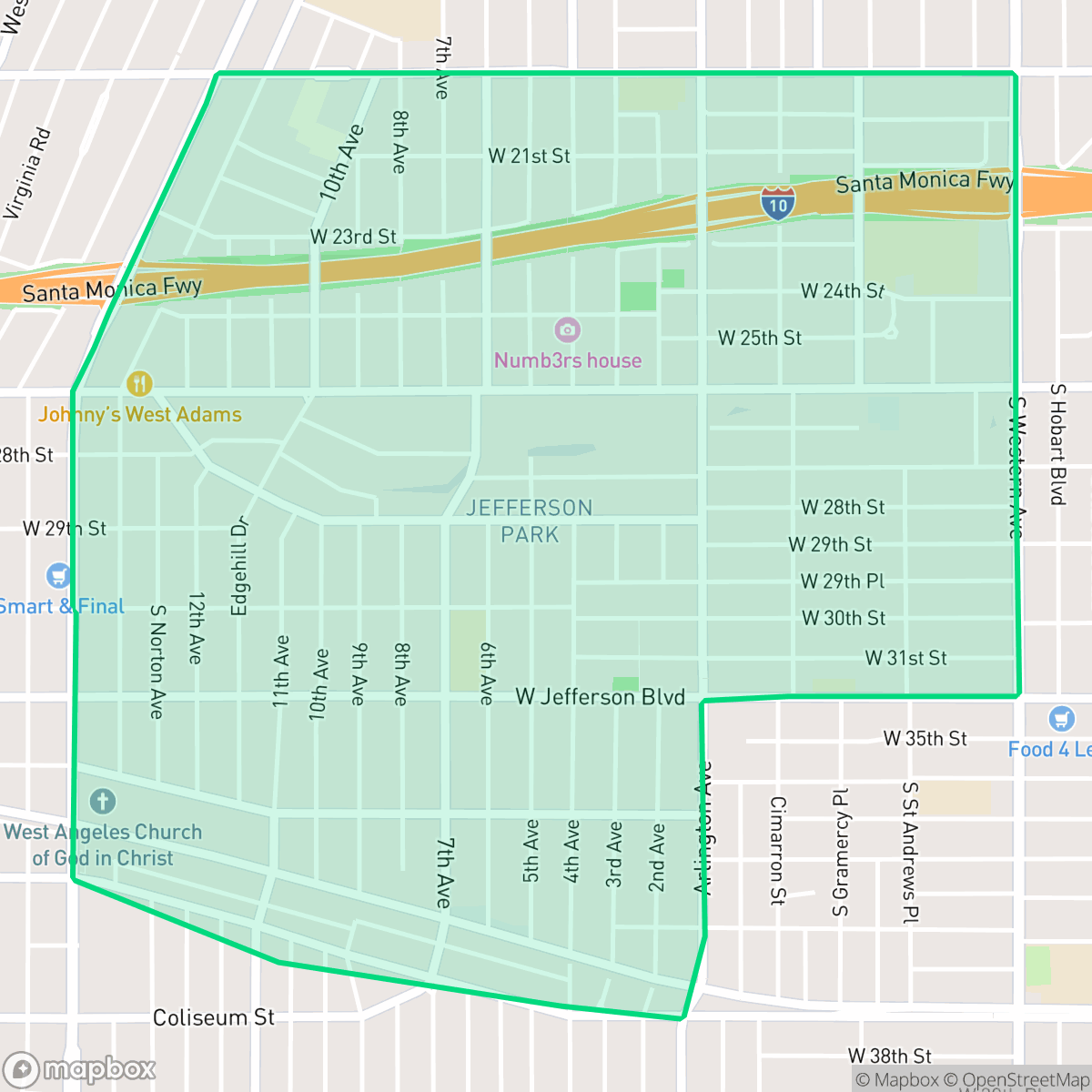 Map showing the location of Jefferson Park, Los Angeles, CA