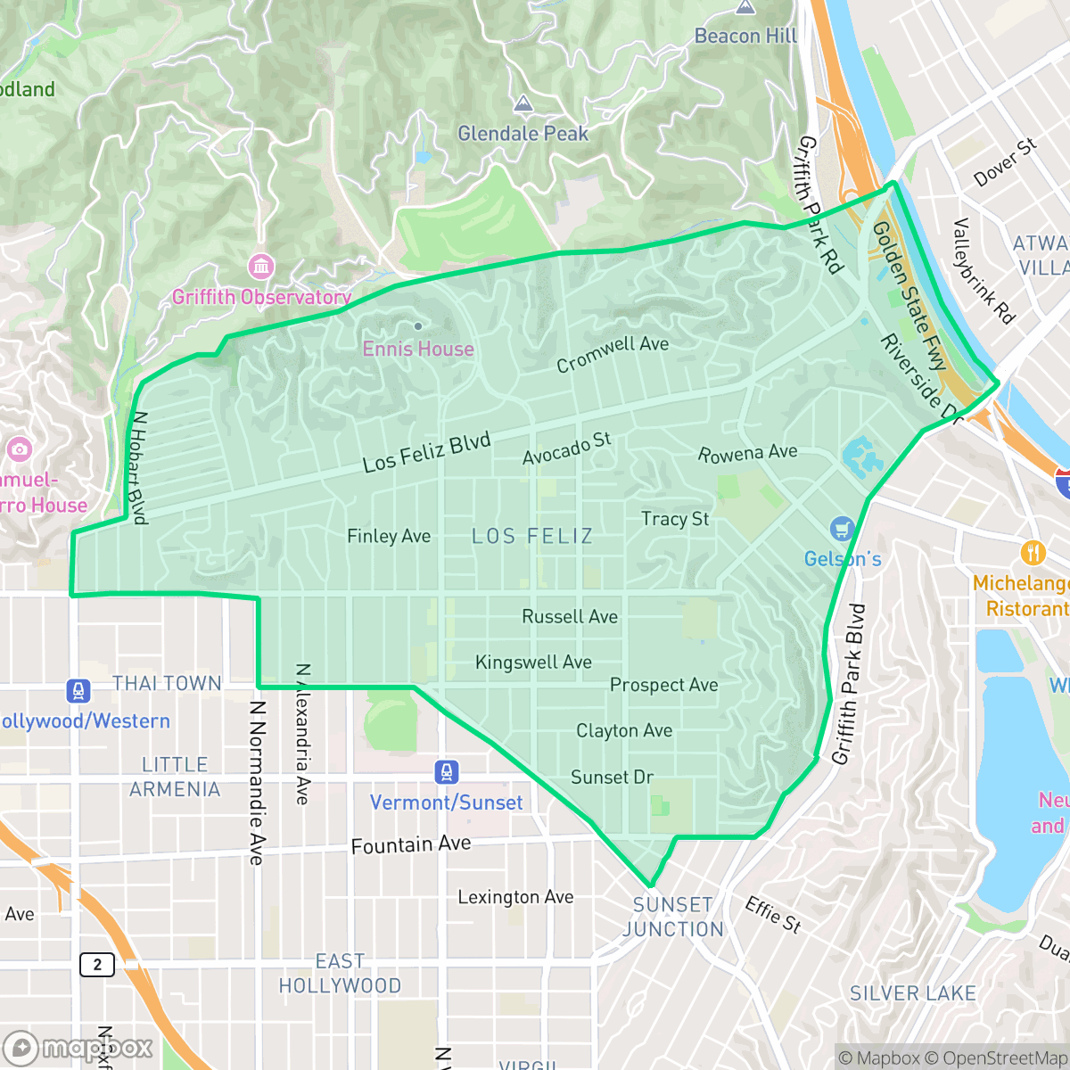 Map showing the location of Los Feliz, Los Angeles, CA