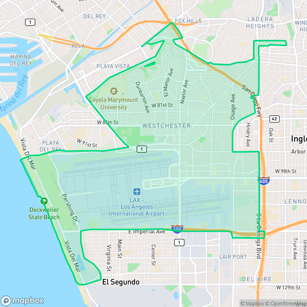 Map showing the location of Westchester, Los Angeles, CA