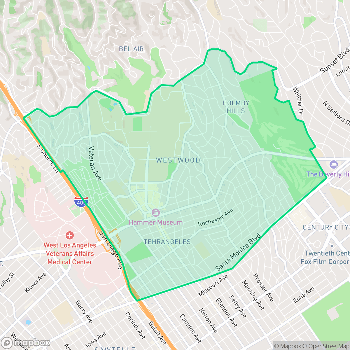 Map showing the location of Westwood, Los Angeles, CA