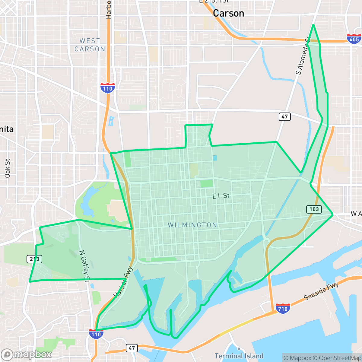 Map showing the location of Wilmington, Los Angeles, CA