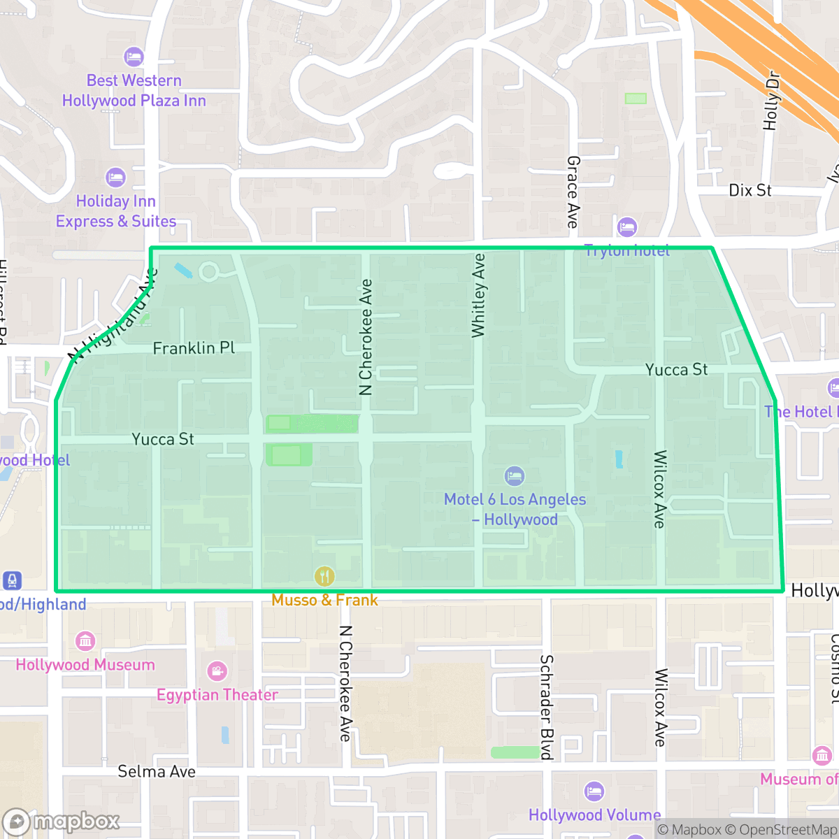 Map showing the location of Yucca Corridor, Los Angeles, CA