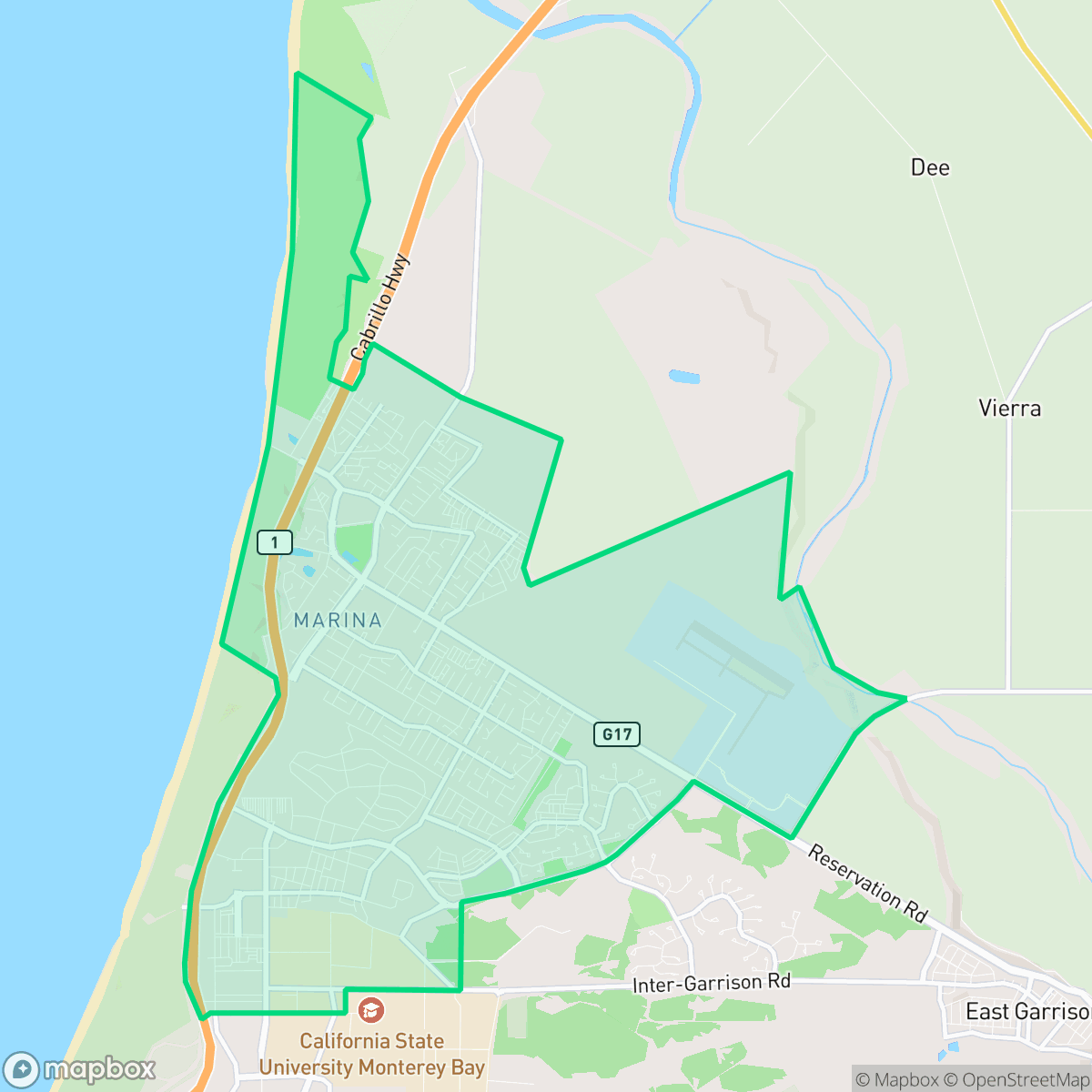 Map showing the location of Marina, CA — coverage area