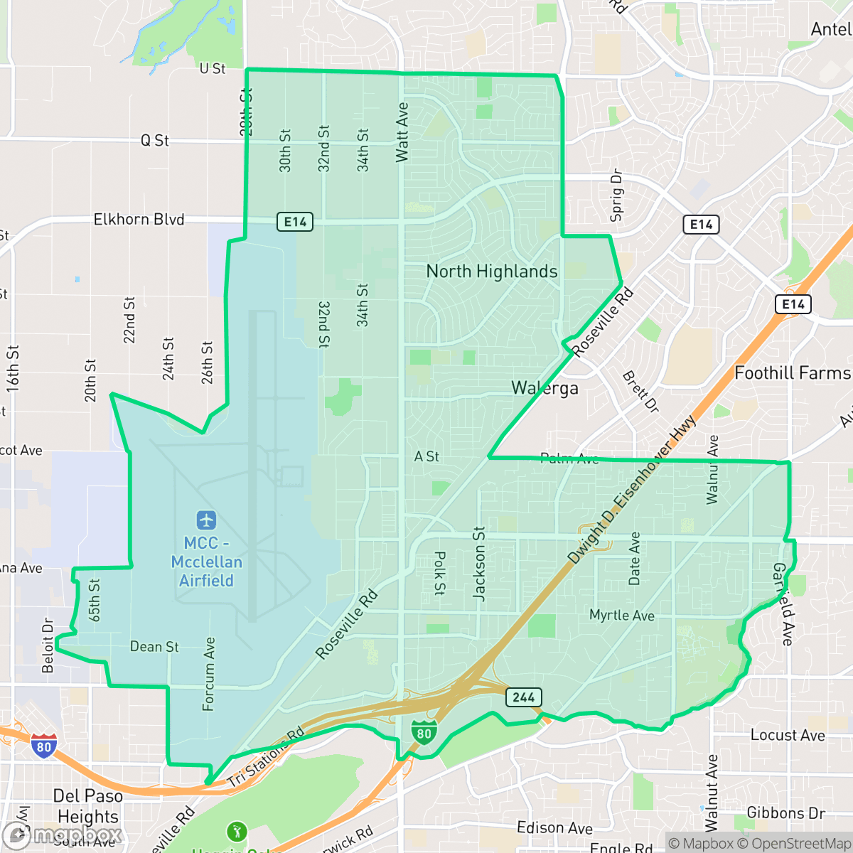 Map showing the location of North Highlands, McClellan Park, CA