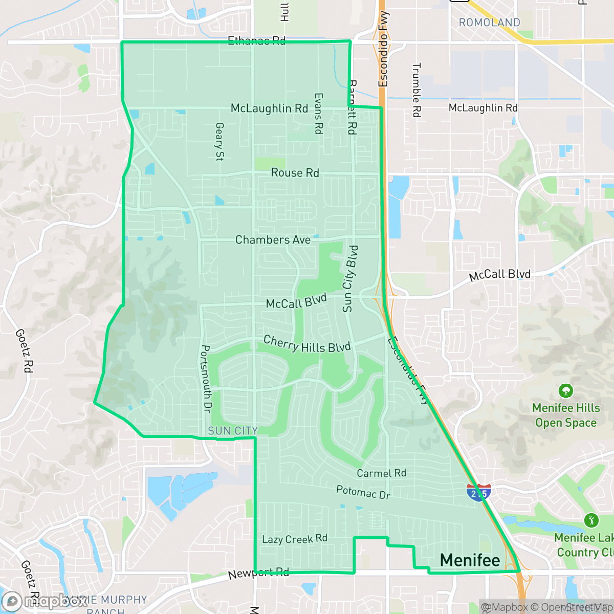 Map showing the location of Sun City, Menifee, CA