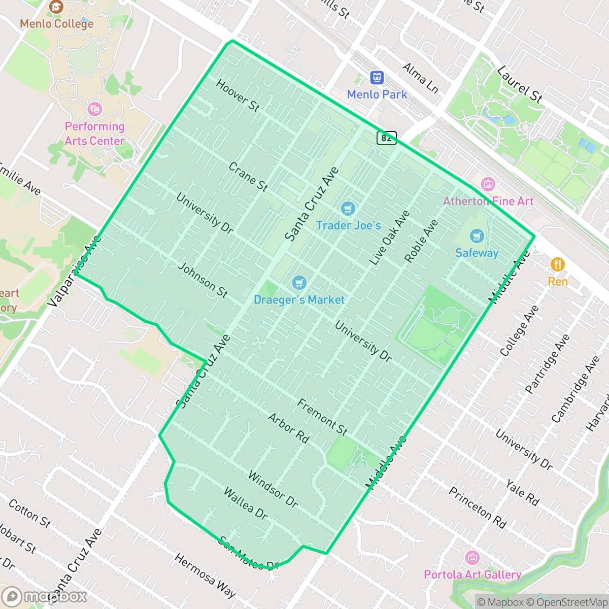 Map showing the location of Downtown Menlo Park, Menlo Park, CA