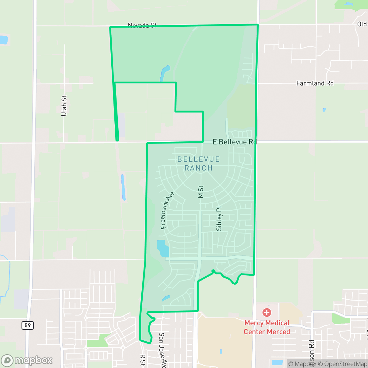 Map showing the location of Bellview Ranch, Merced, CA