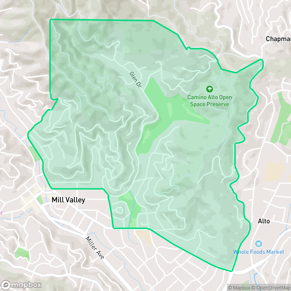 Map showing the location of Warner Canyon/Kite Hill, Mill Valley, CA