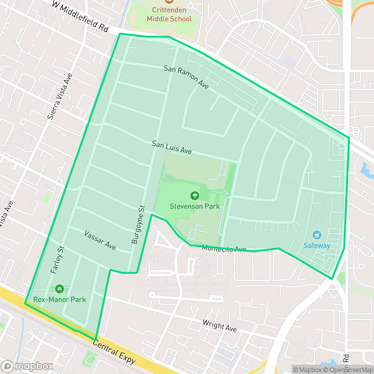 Map showing the location of Rex Manor, Mountain View, CA
