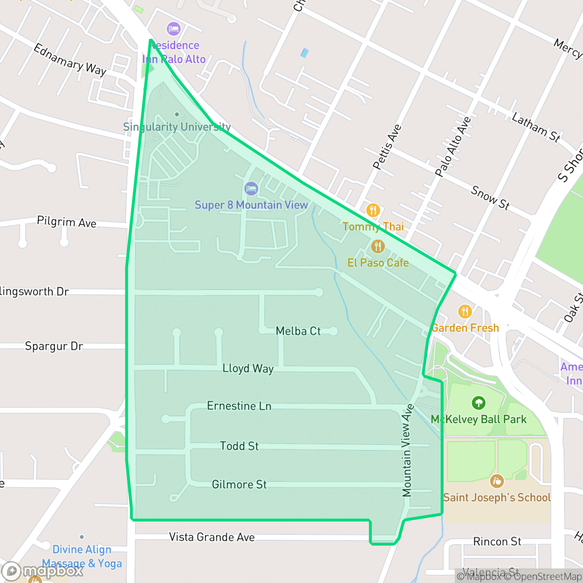 Map showing the location of Saint Francis Acres, Mountain View, CA