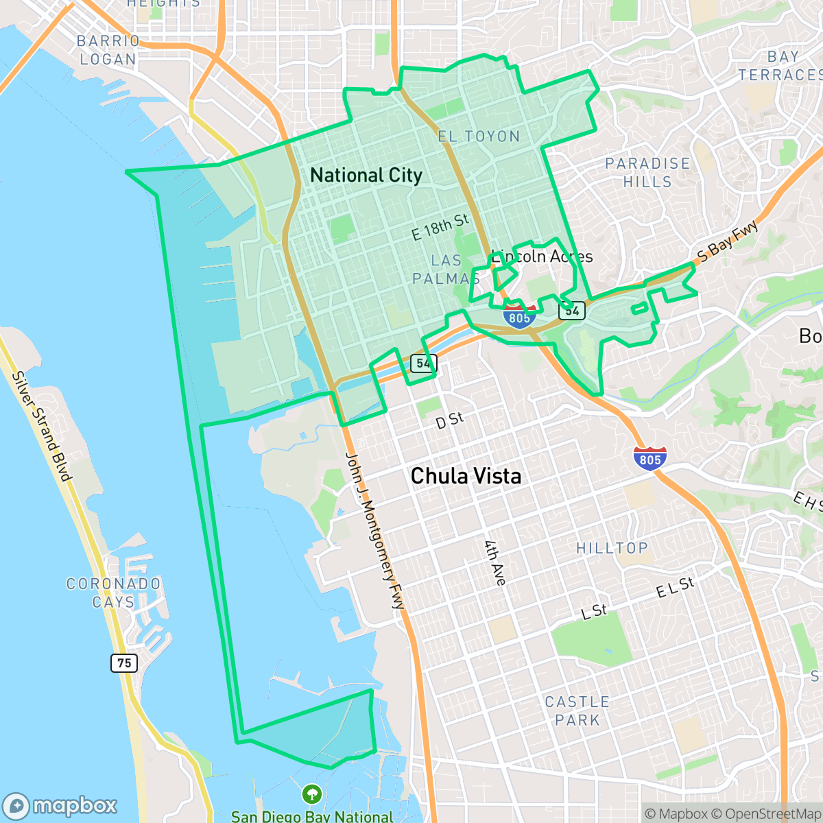 Map showing the location of National City, CA — coverage area