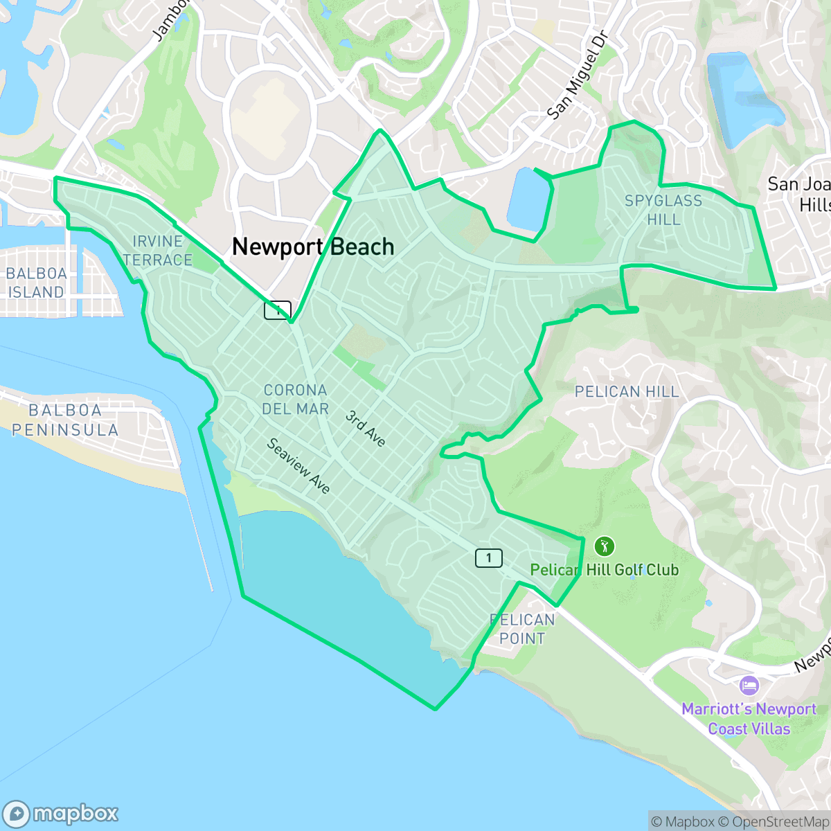 Map showing the location of Corona del Mar, Newport Beach, CA