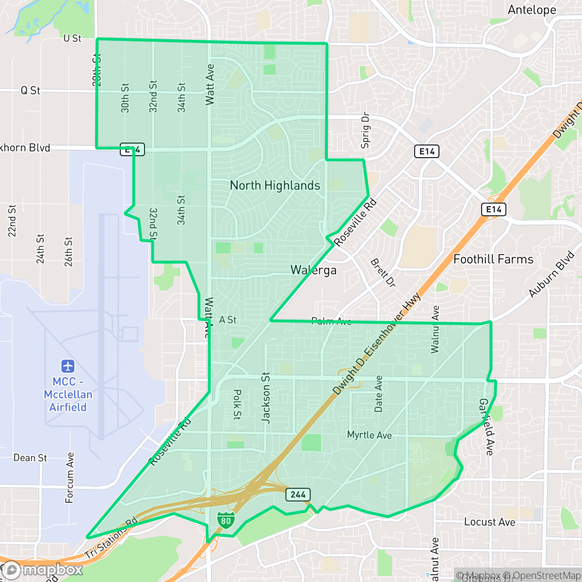 Map showing the location of North Highlands, CA — coverage area