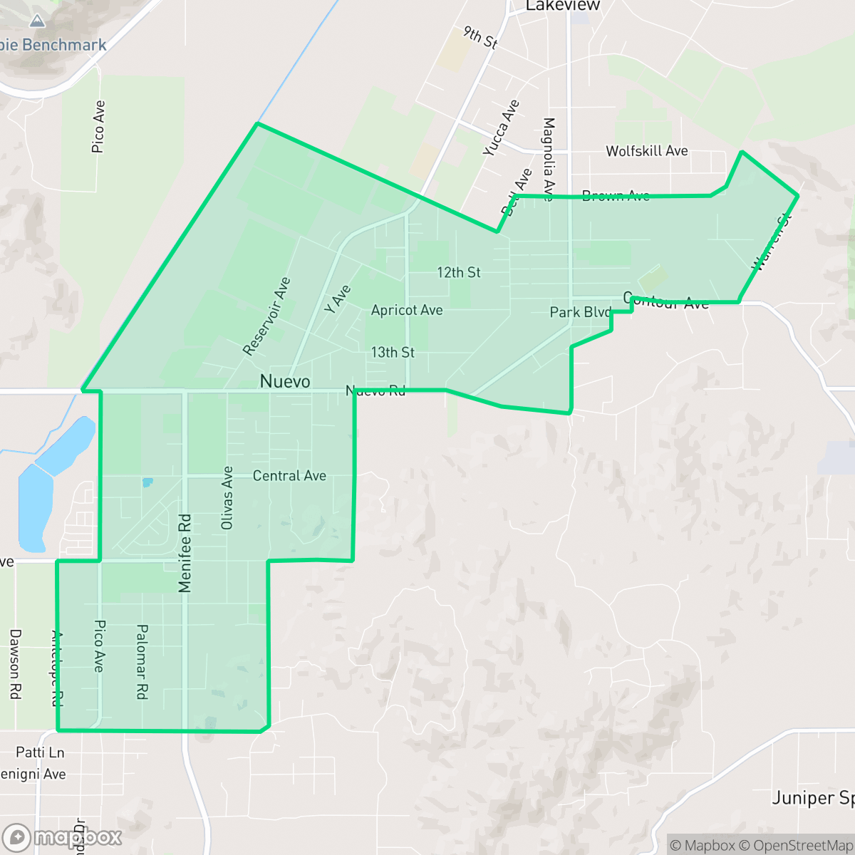 Map showing the location of Nuevo, CA — coverage area