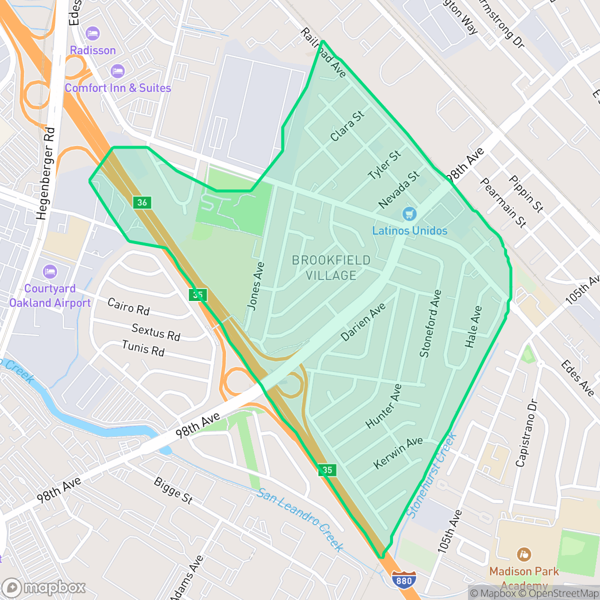 Map showing the location of Brookfield Village, Oakland, CA
