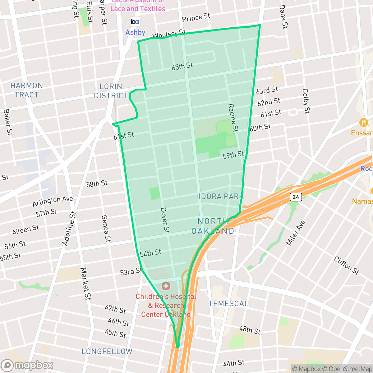 Map showing the location of Bushrod, Oakland, CA
