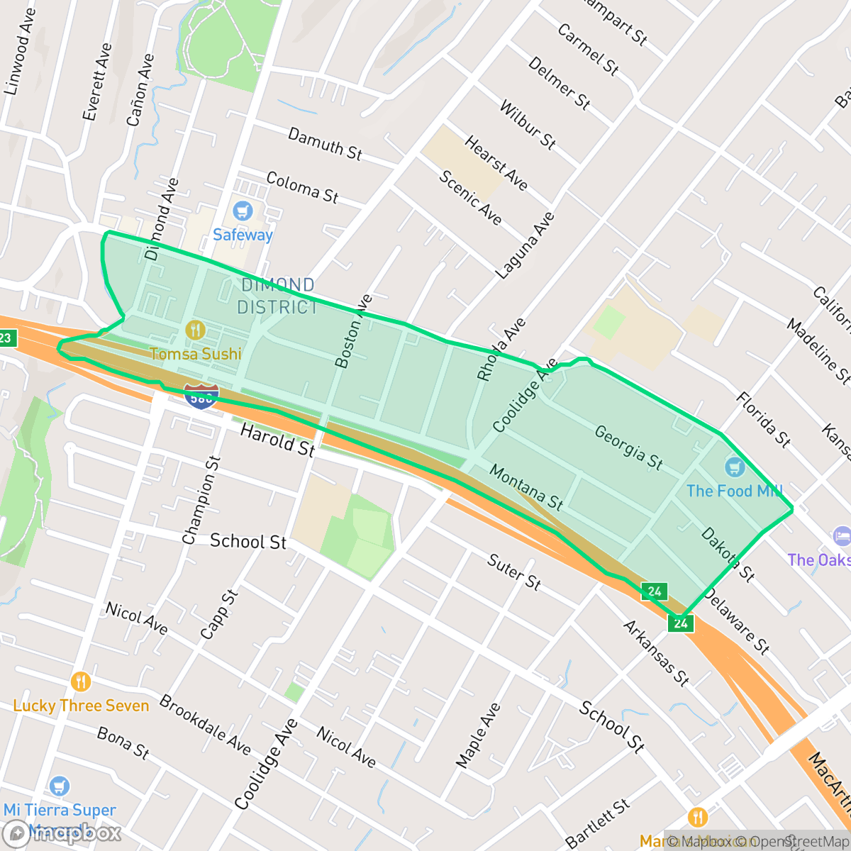 Map showing the location of Dimond, Oakland, CA