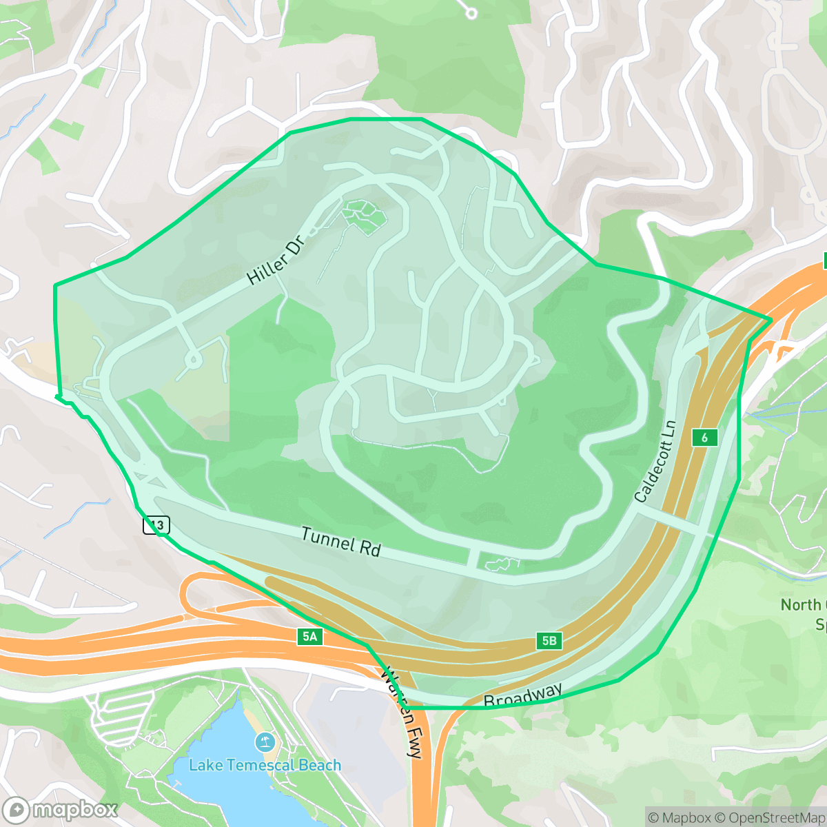 Map showing the location of Hiller Highlands, Oakland, CA