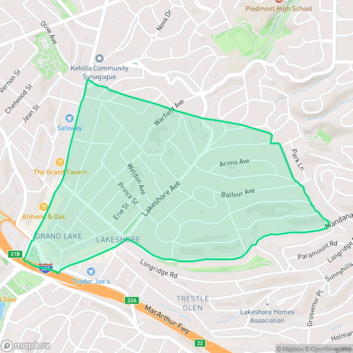 Map showing the location of Lakeshore, Oakland, CA