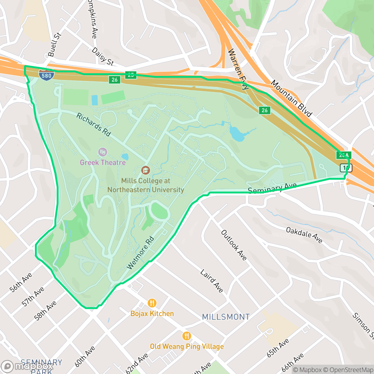 Map showing the location of Mills College, Oakland, CA