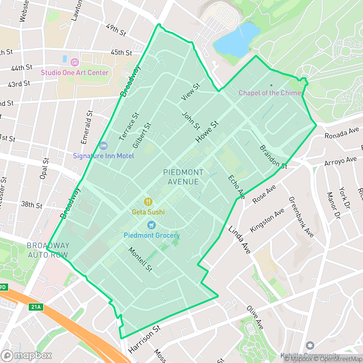 Map showing the location of Piedmont Avenue, Oakland, CA