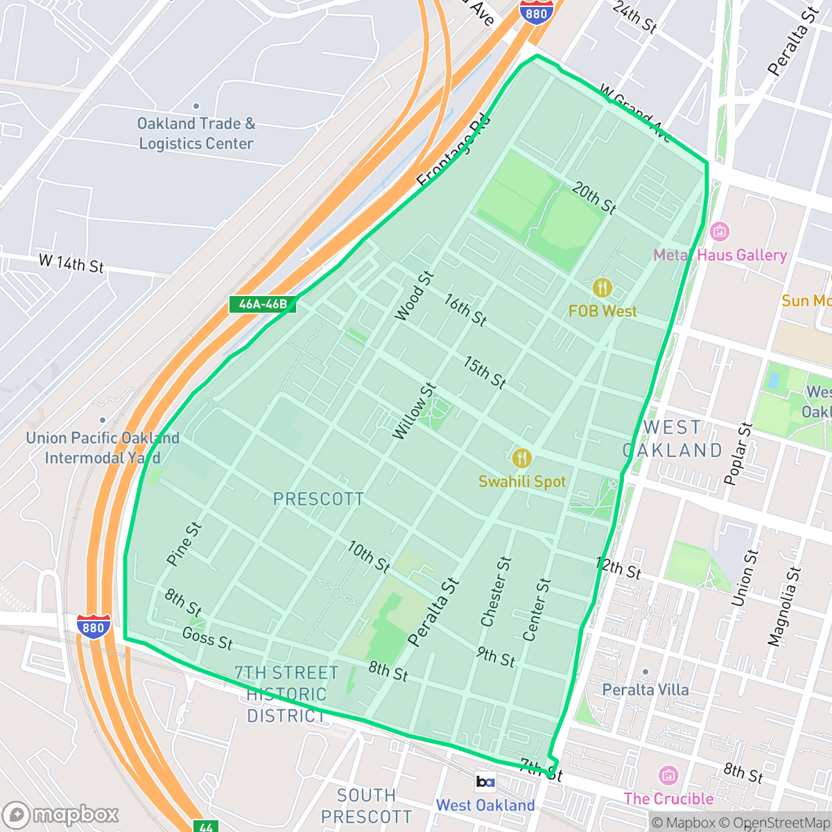 Map showing the location of Prescott, Oakland, CA