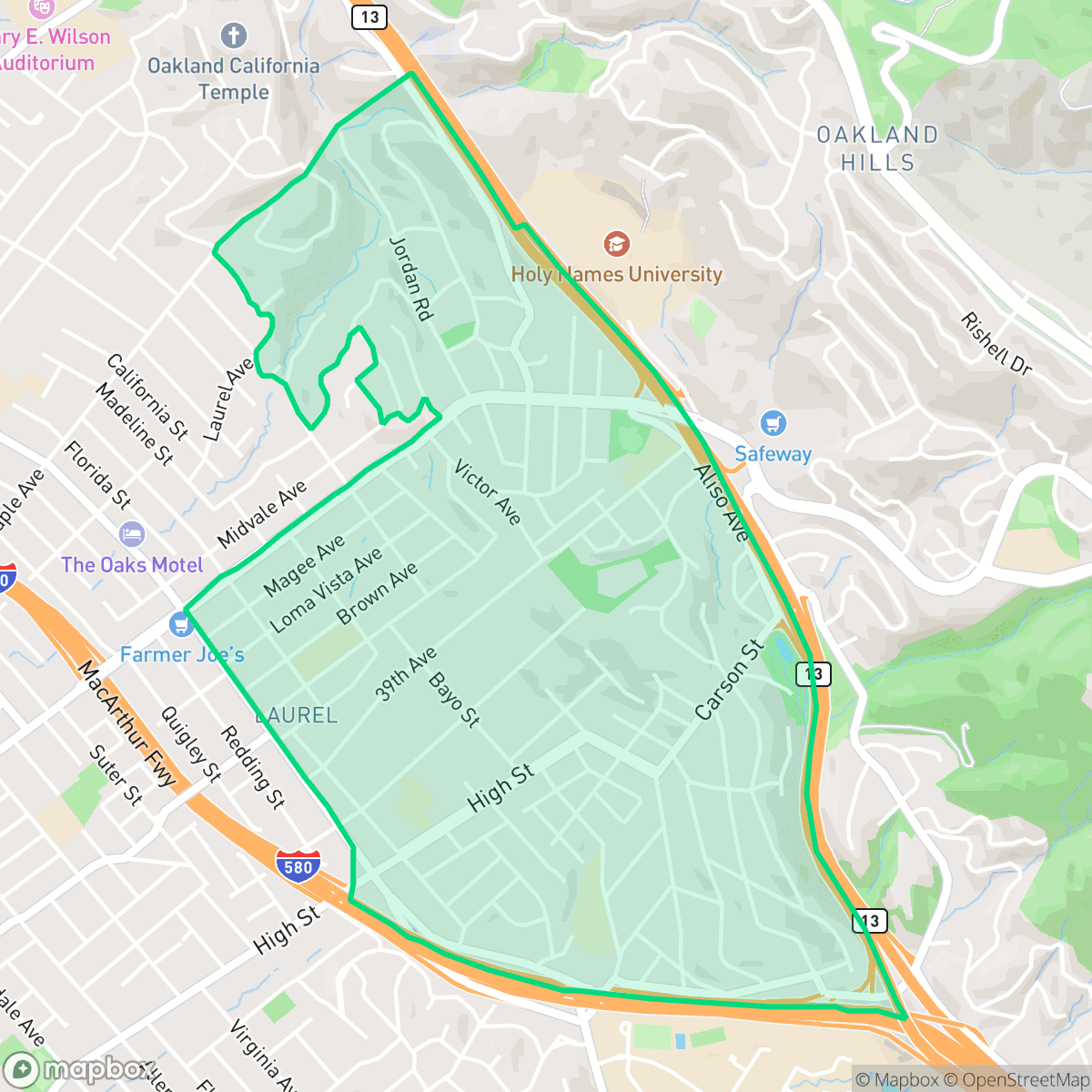 Map showing the location of Redwood Heights, Oakland, CA
