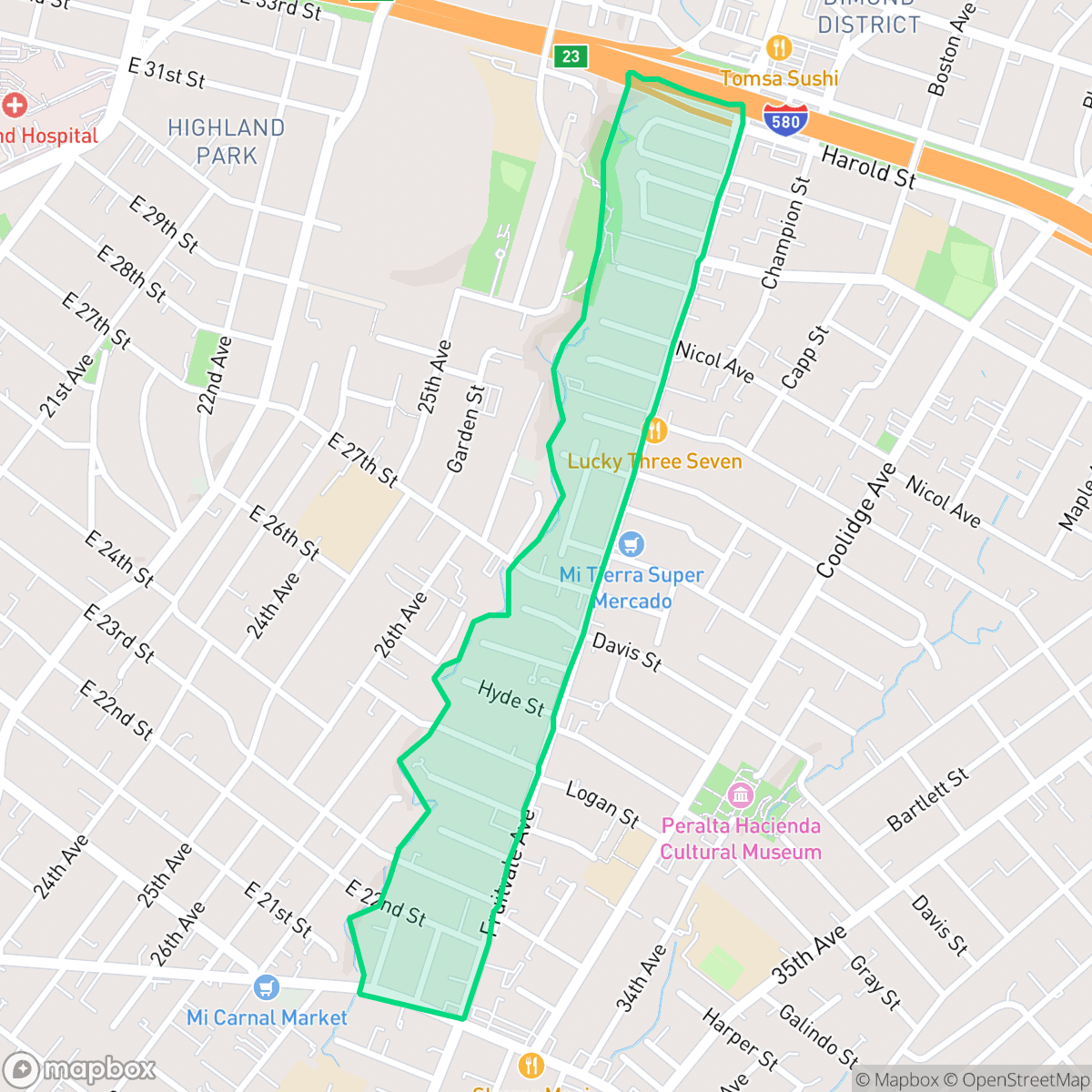Map showing the location of Sausal Creek, Oakland, CA