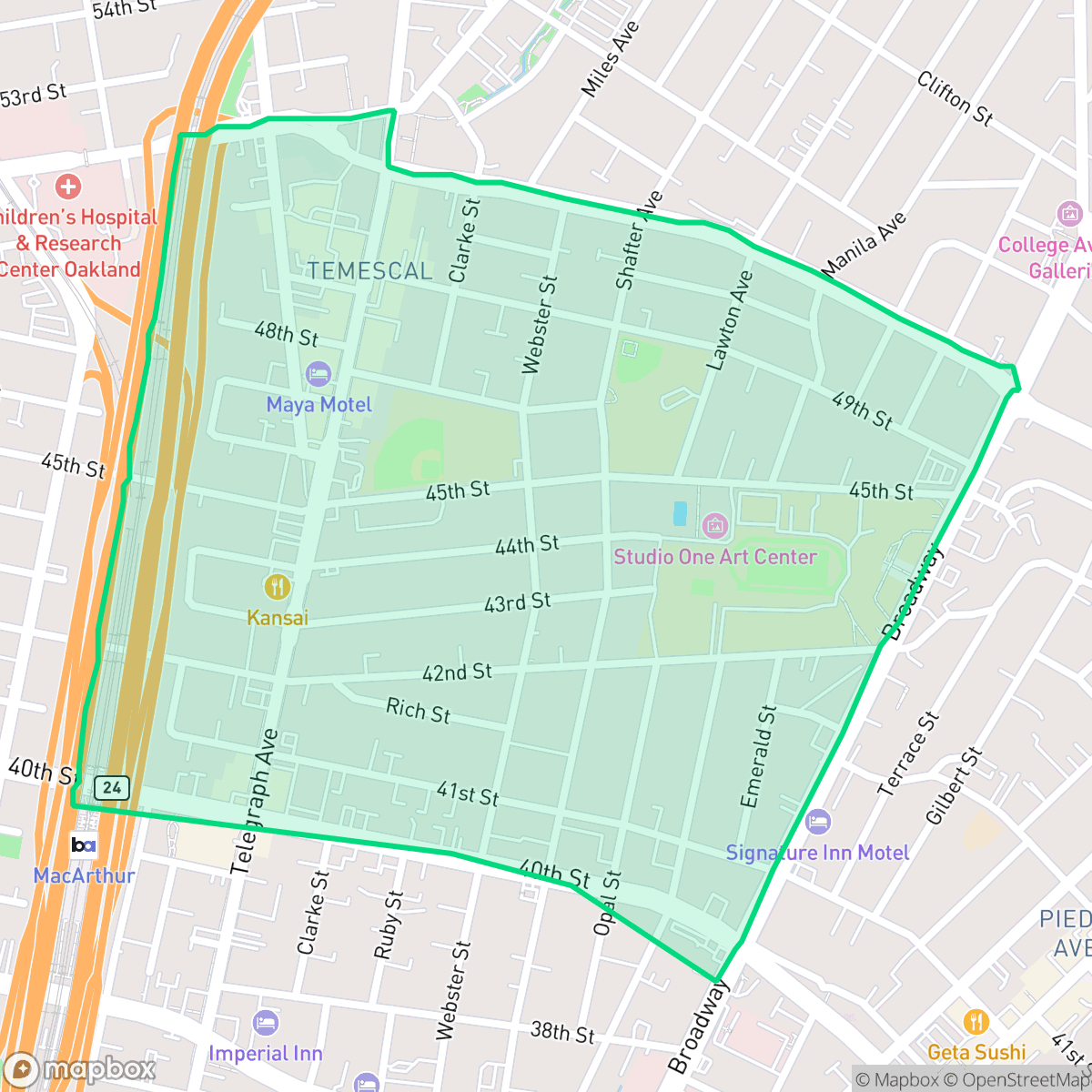 Map showing the location of Temescal, Oakland, CA