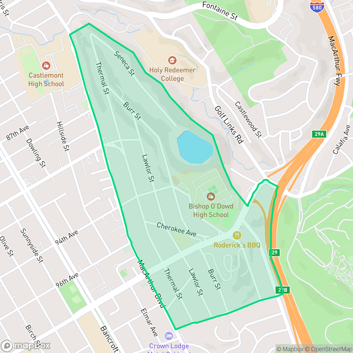Map showing the location of Toler Heights, Oakland, CA