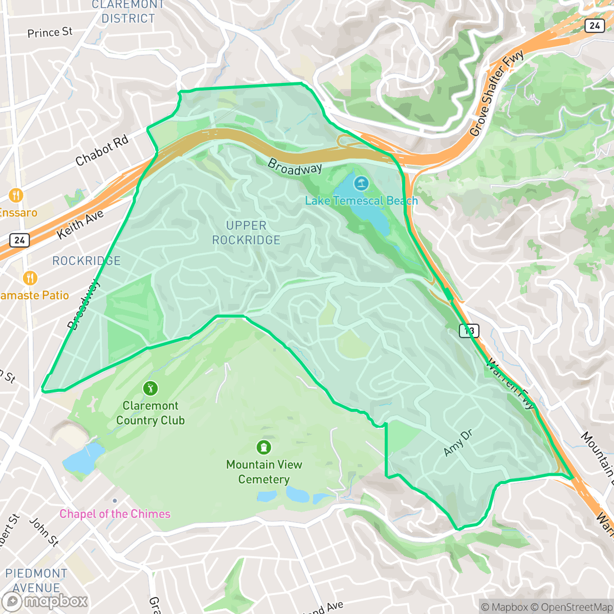Map showing the location of Upper Rockridge, Oakland, CA