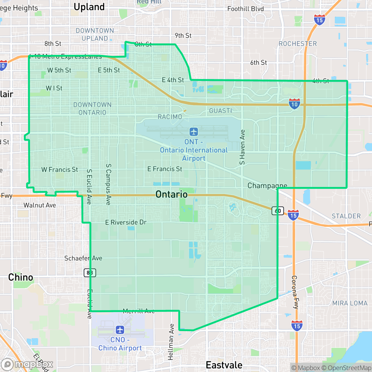 Map showing the location of Ontario, CA — coverage area