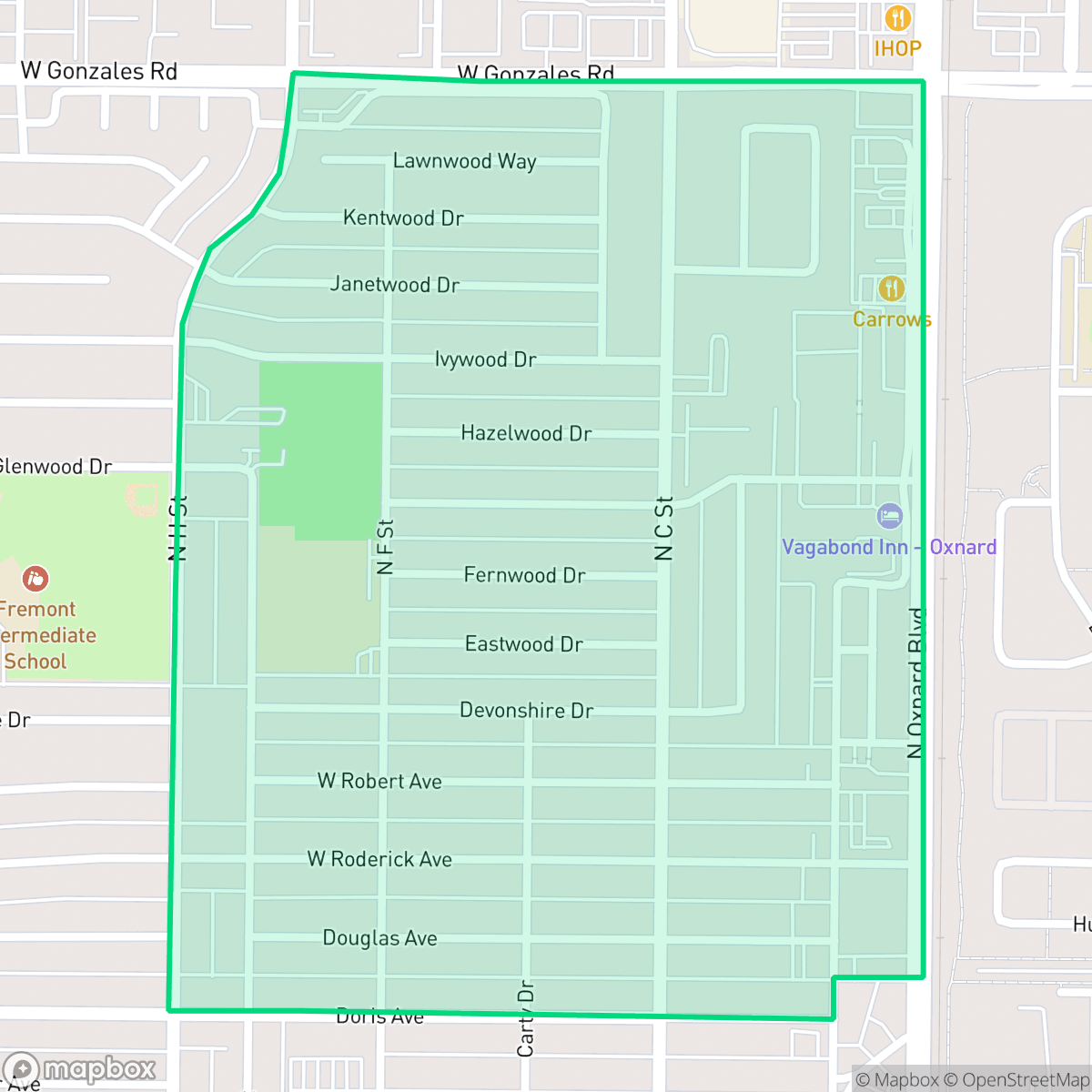 Map showing the location of Carriage Square, Oxnard, CA