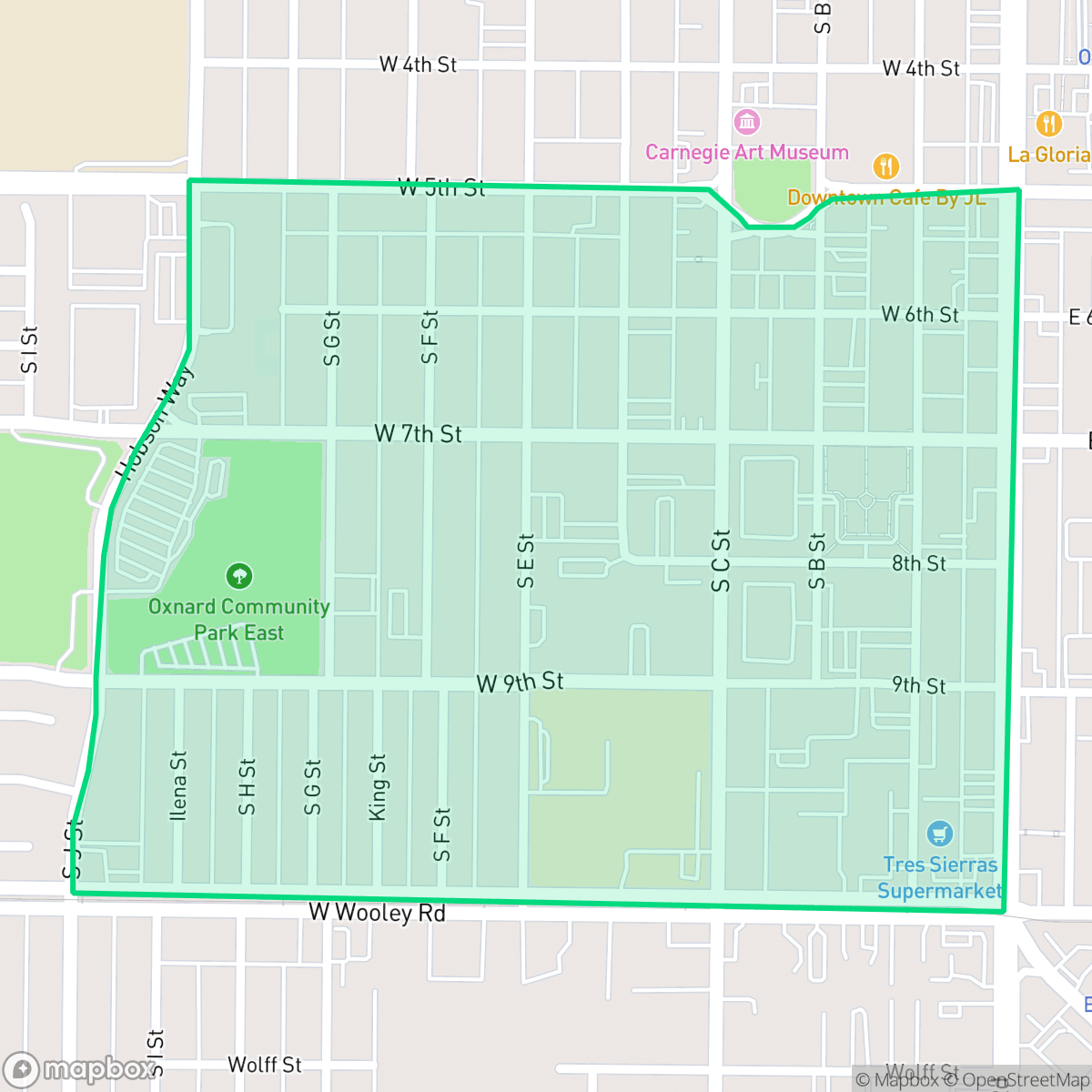 Map showing the location of Hobson Park East, Oxnard, CA