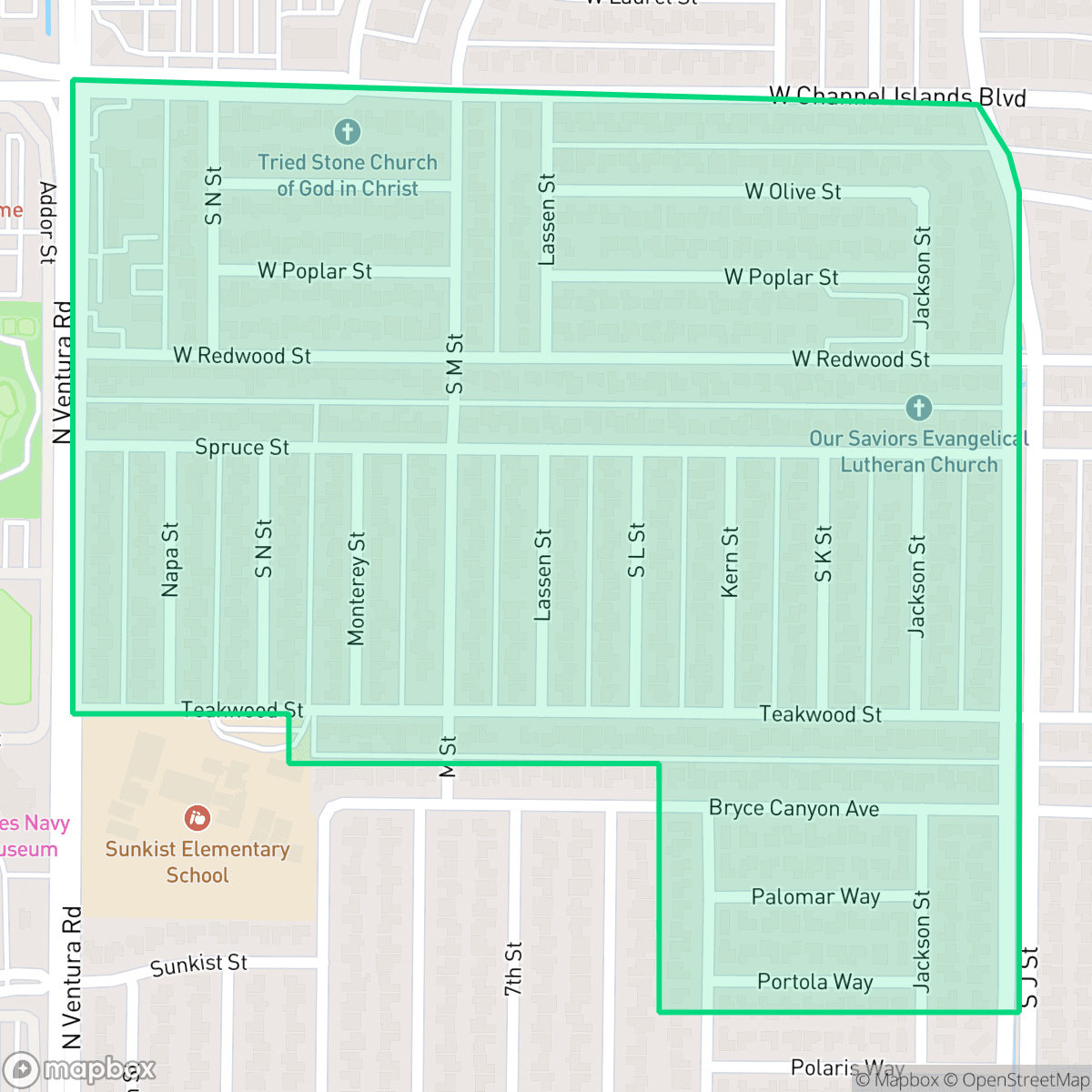 Map showing the location of Redwood, Oxnard, CA