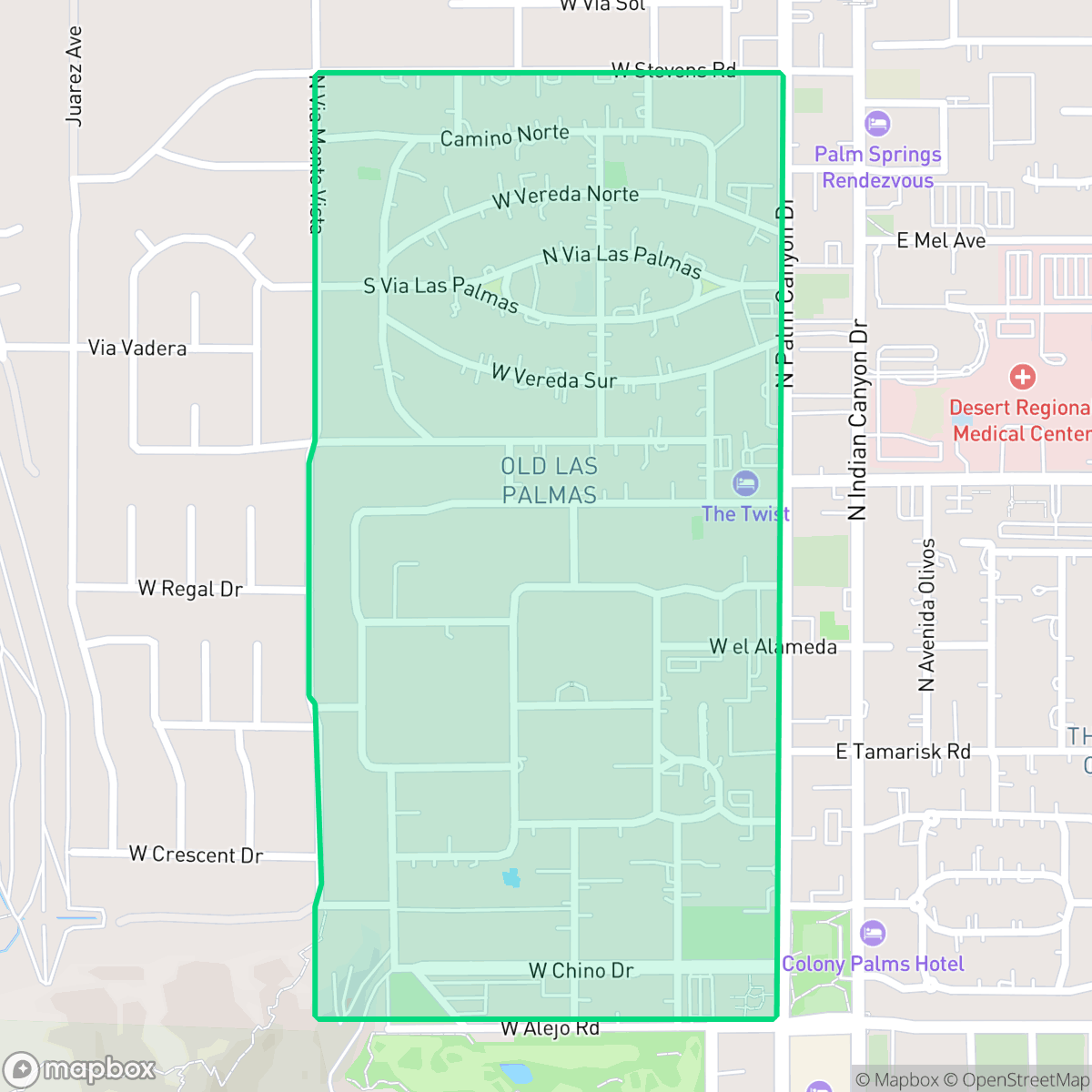 Map showing the location of Old Las Palmas, Palm Springs, CA