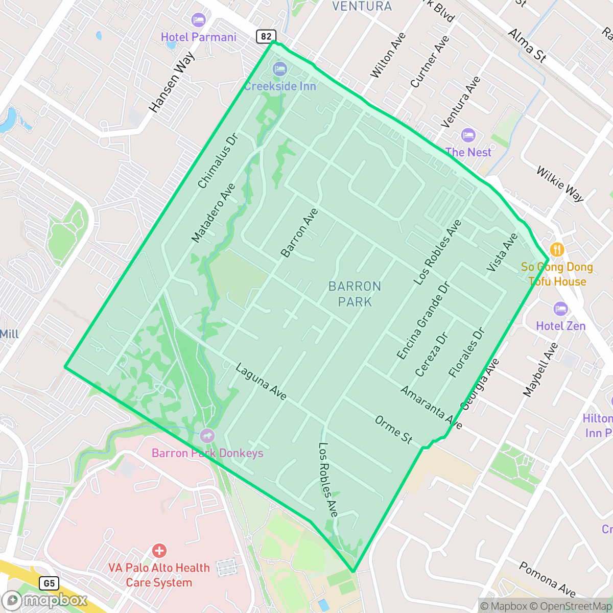 Map showing the location of Barron Park, Palo Alto, CA