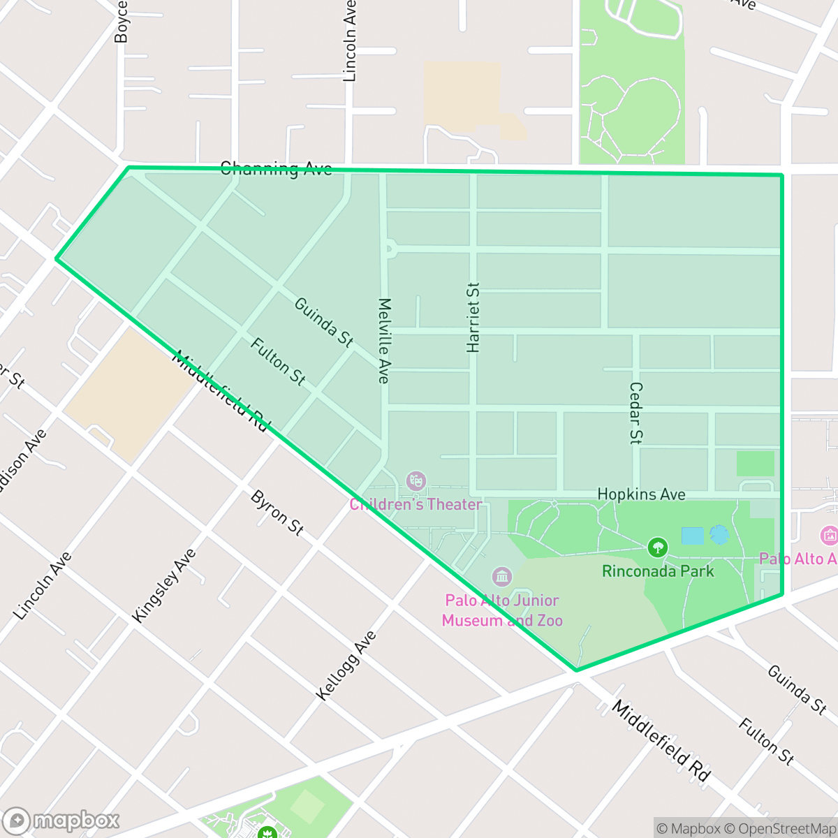 Map showing the location of Community Center, Palo Alto, CA