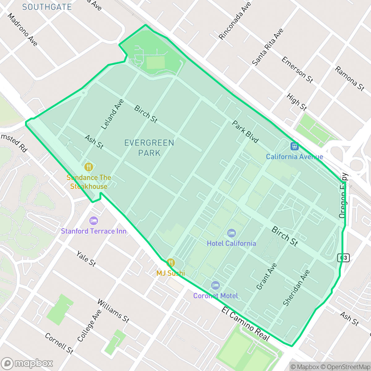 Map showing the location of Evergreen Park, Palo Alto, CA