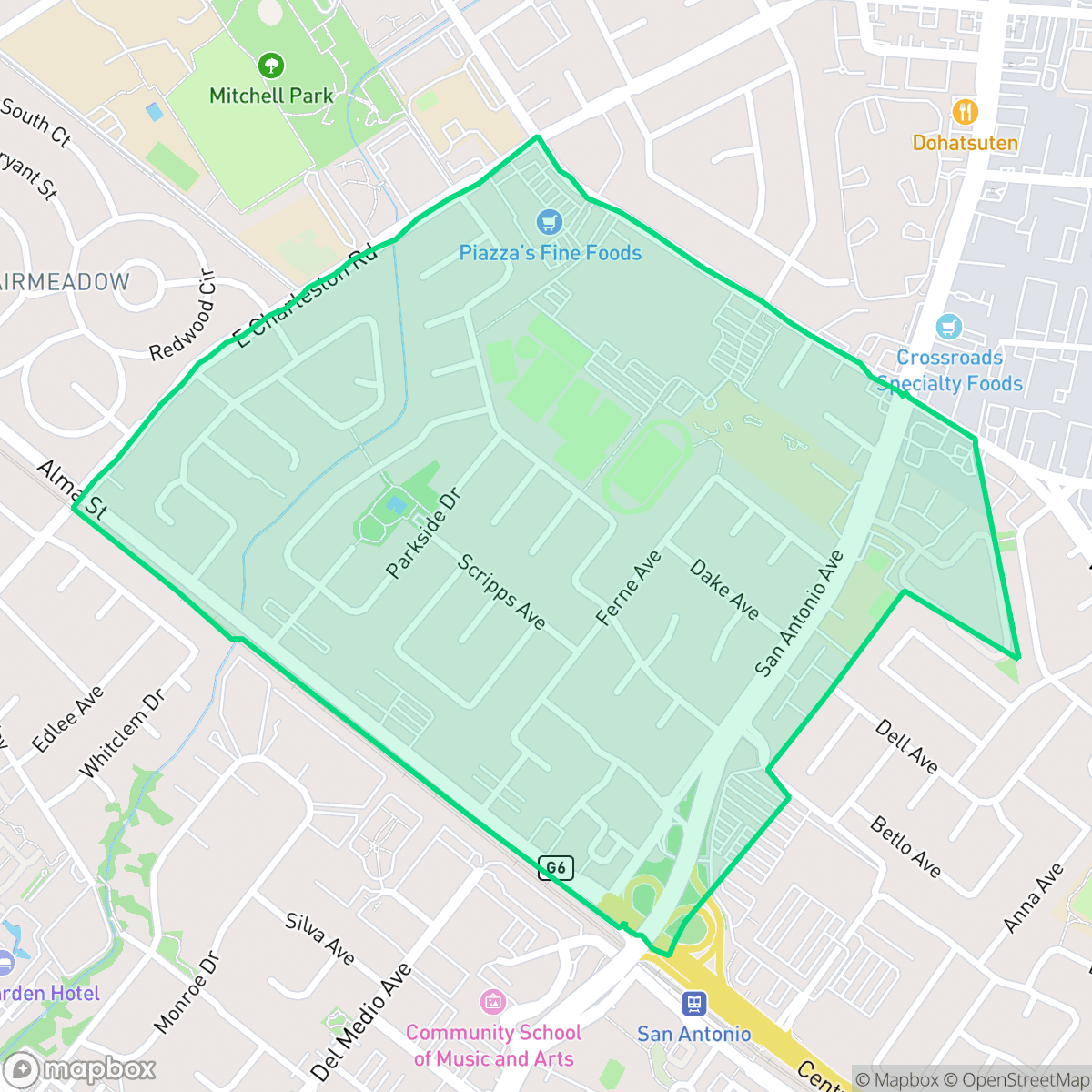 Map showing the location of Greenmeadow, Palo Alto, CA