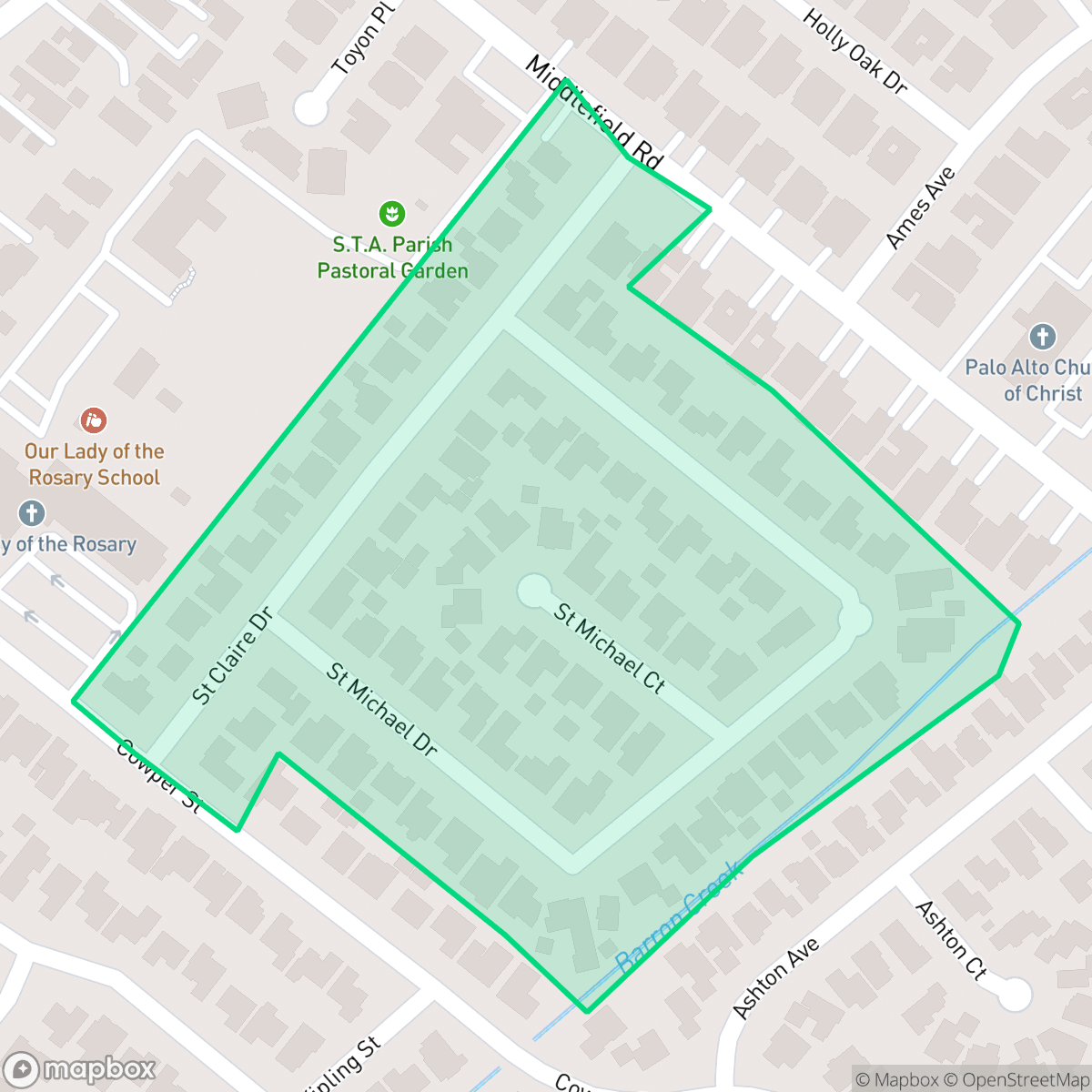 Map showing the location of St. Claire Gardens, Palo Alto, CA