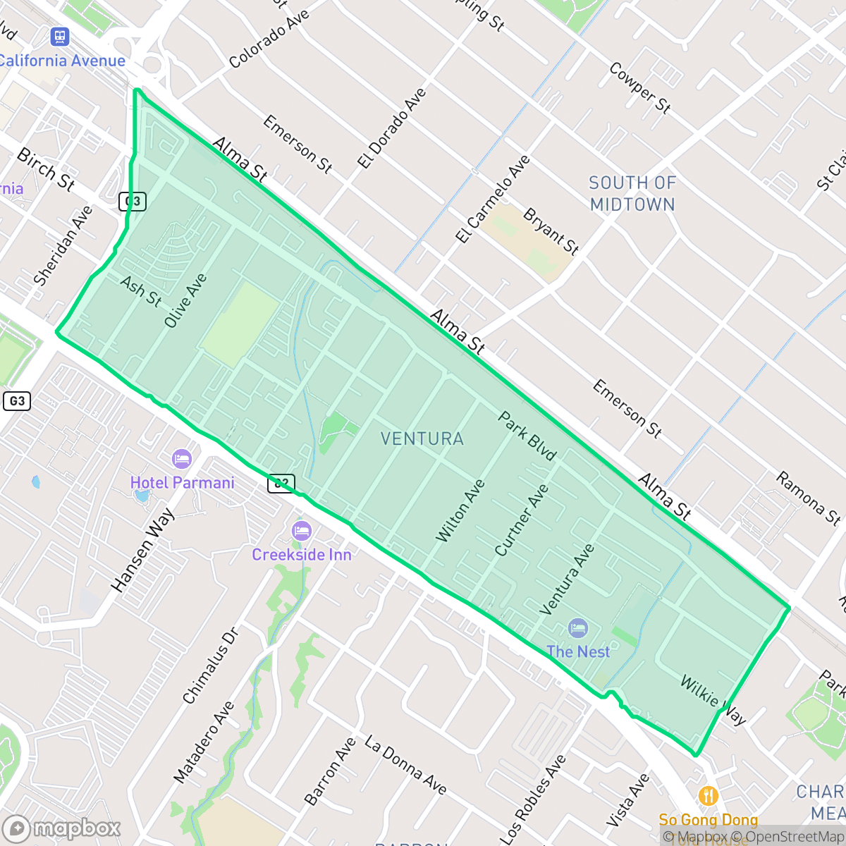Map showing the location of Ventura, Palo Alto, CA