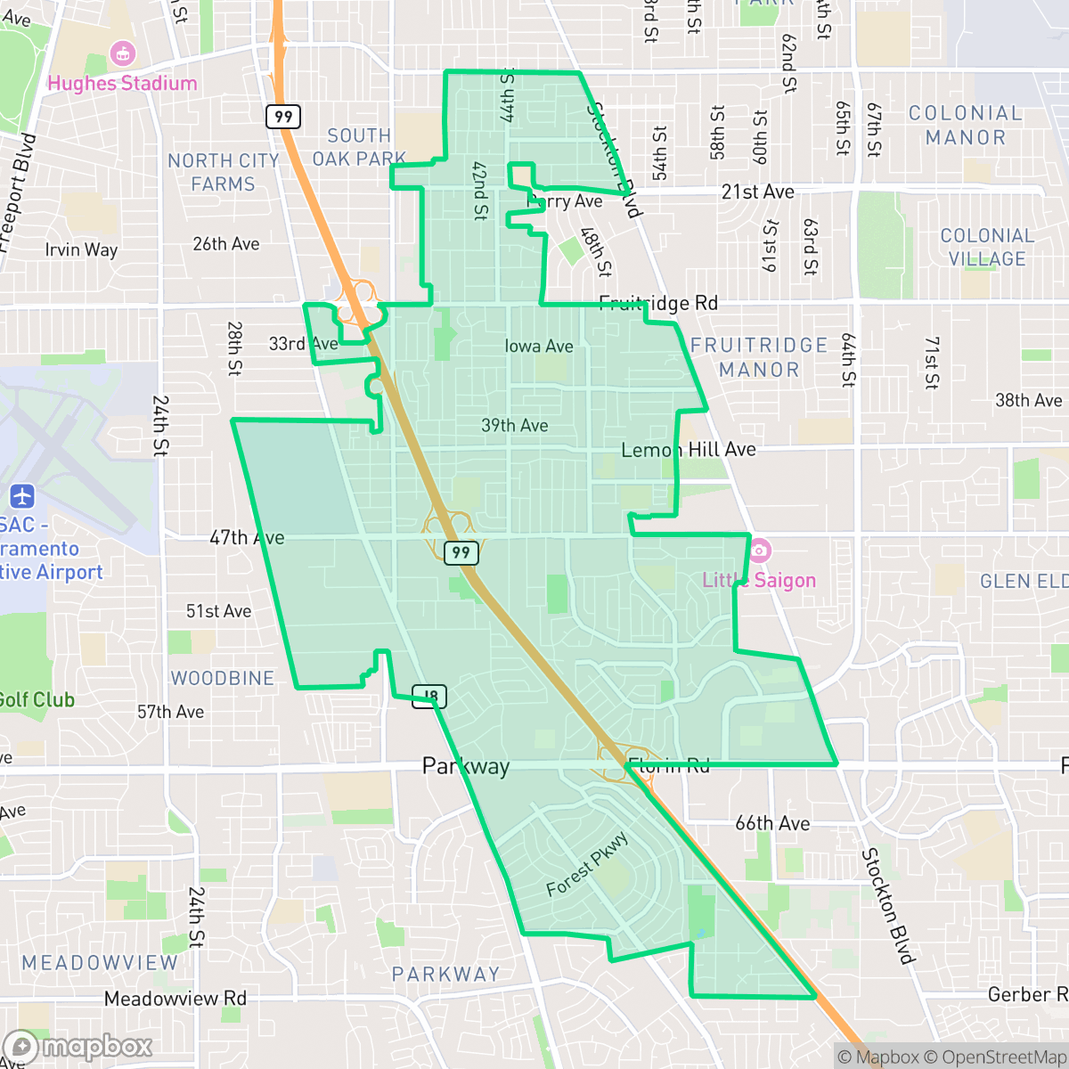 Map showing the location of Parkway-South Sacramento, Parkway, CA
