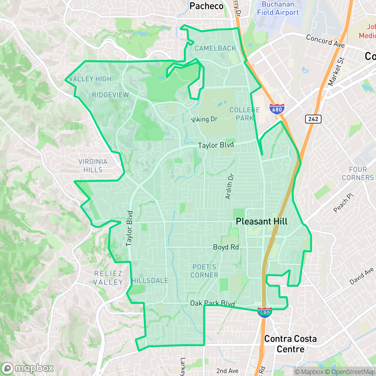 Map showing the location of Pleasant Hill, CA — coverage area