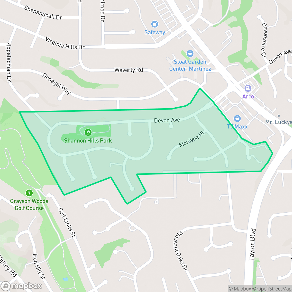 Map showing the location of Shannon Hills, Pleasant Hill, CA