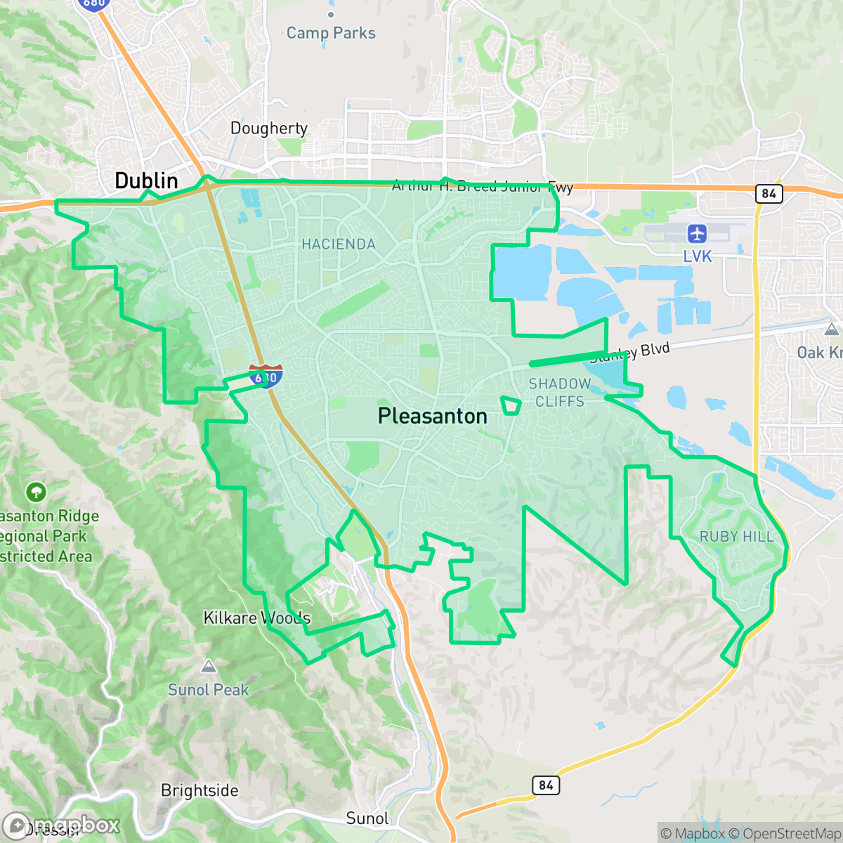 Map showing the location of Pleasanton, CA — coverage area