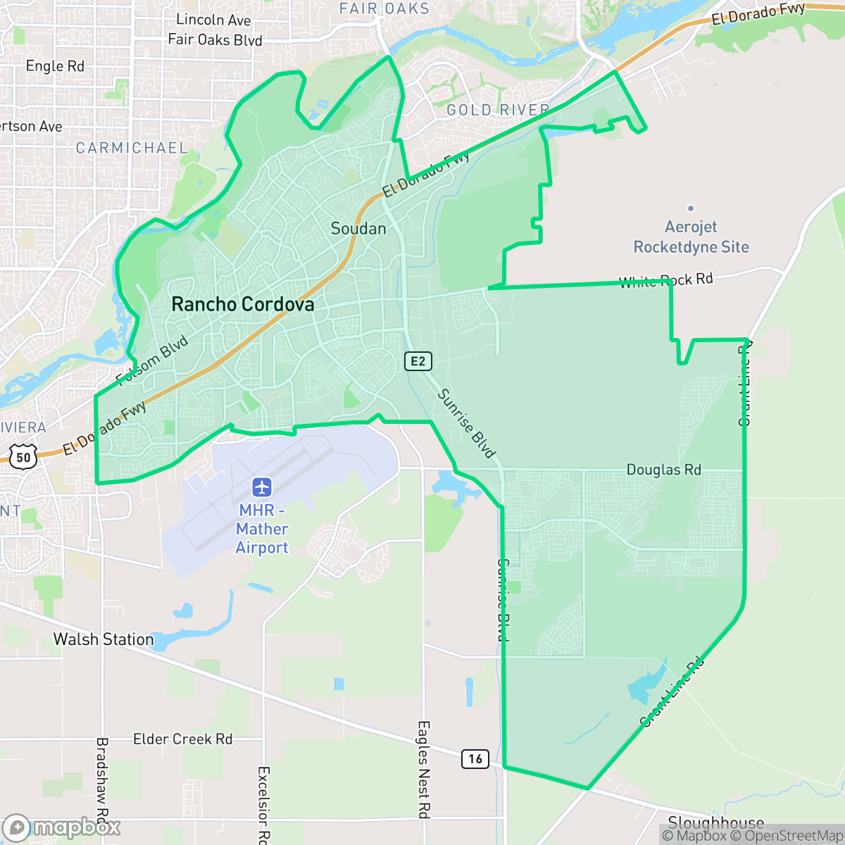 Map showing the location of Rancho Cordova, CA — coverage area