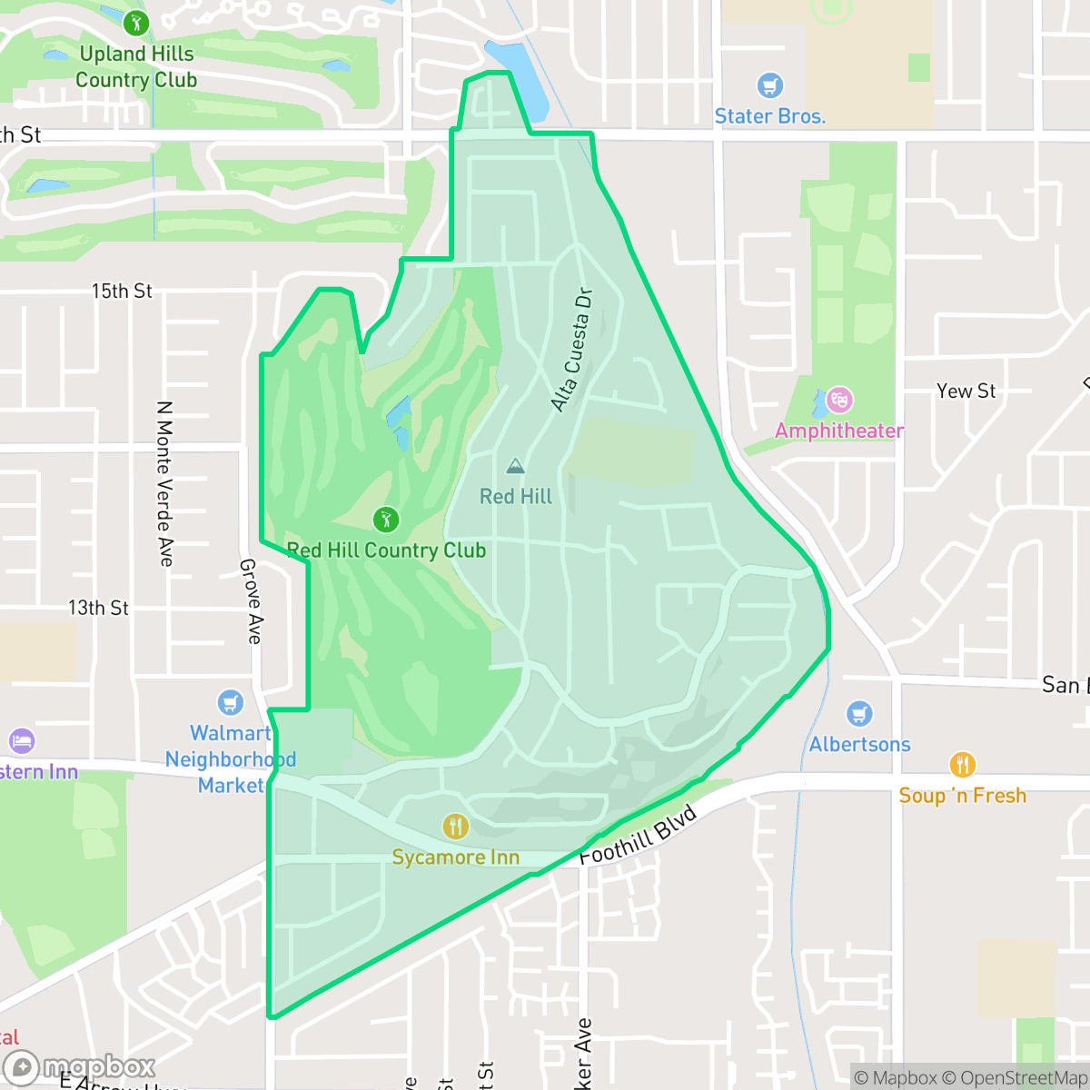 Map showing the location of Red Hill, Rancho Cucamonga, CA